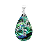 Sterling silver teardrop Abalone Shell pendant with shimmering iridescent colors and elegant floral vine design, handcrafted artisan jewelry for women.